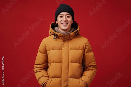 35 years old asian man standing and smiling, wearing winter casual ochre colour down coat and winter hat, red clean background