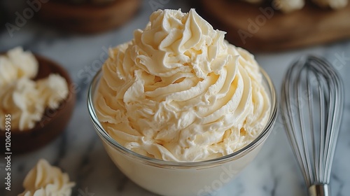 Delicious whipped cream in a glass bowl with a mint leaf on top and surroundi...