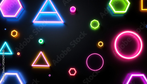 Neon Geometric Shapes Illuminate Dark Background photo