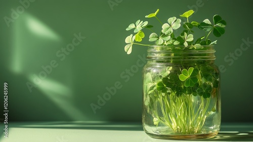 Fresh greens in a glass jar on a dark kitchen countertop in morning light