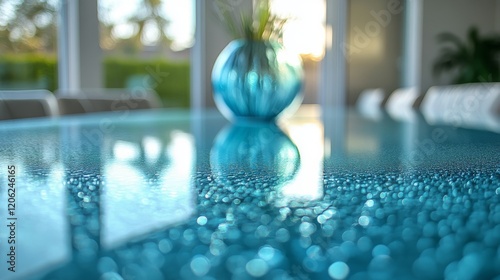 Beautiful blue vase on a glossy table reflecting sunlight in a modern indoor ...