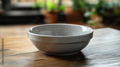 Simple white ceramic bowl resting on a wooden table in a sunlit kitchen
