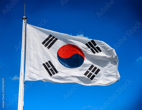   South Korean flag, with its unique yin-yang symbol, soaring against a vivid blue sky.