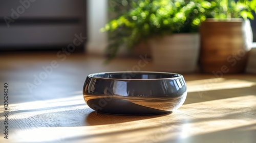 Simple white ceramic bowl resting on a wooden table in a sunlit kitchen