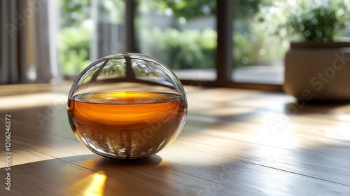 Clear glass orb reflecting amber liquid on wooden floor in a bright room