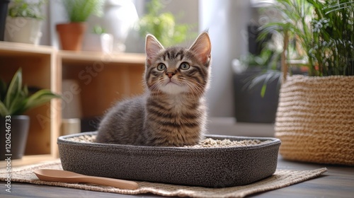 Cat relaxing in litter box surrounded by greenery indoors during daylight