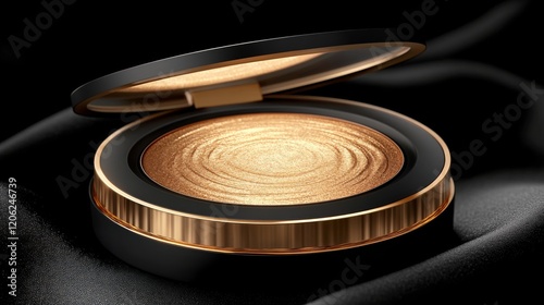 Highlighter compact with golden shimmer displayed on a dark silky fabric back...