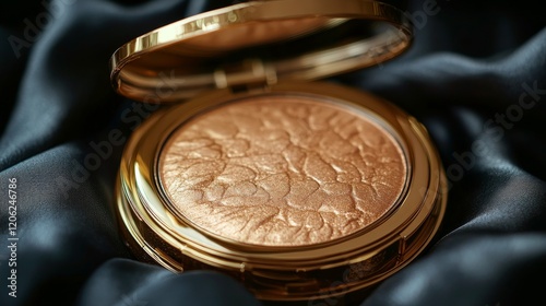 Highlighter compact with golden shimmer displayed on a dark silky fabric back...