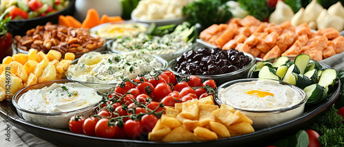 Healthy vegetable platter with dips and snacks ideal for parties and gatherings photo