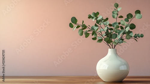 Eucalyptus plant in a white vase on a wooden table against a soft pink backgr...