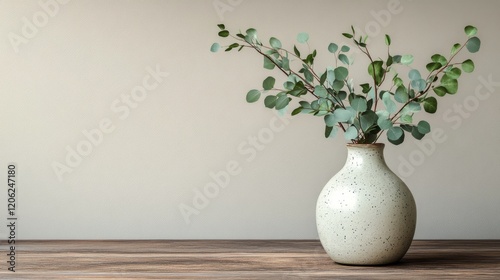 Eucalyptus plant in a white vase on a wooden table against a soft pink backgr...