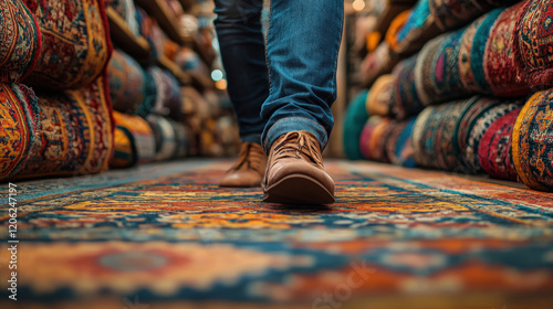 Walking through a vibrant carpet shop filled with colorful rugs and intricate patterns in a bustling market during the afternoon photo