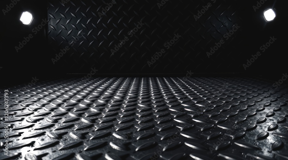 Obraz premium seamless metal floor plate with a diamond pattern on a black metal background, featuring contrasting chiaroscuro lighting, deep shadows