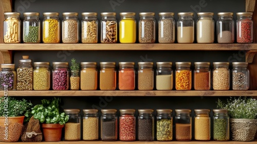 Organized collection of spices in glass jars on wooden rack in bright kitchen...