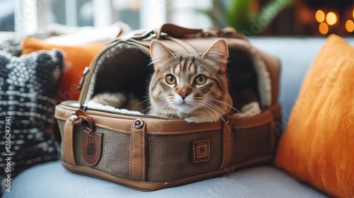 Cat relaxes in cozy carrier on a couch surrounded by colorful cushions in a s...