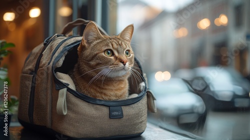 Cat relaxes in cozy carrier on a couch surrounded by colorful cushions in a s...