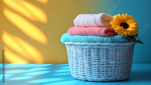 Soft towels stacked in a wicker basket with a sunflower on a colorful background