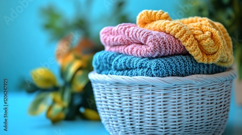 Soft towels stacked in a wicker basket with a sunflower on a colorful background