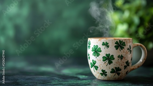 Hot beverage in a decorative cup with clovers on a sunny wooden table in a ga...