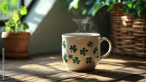 Hot beverage in a decorative cup with clovers on a sunny wooden table in a ga...
