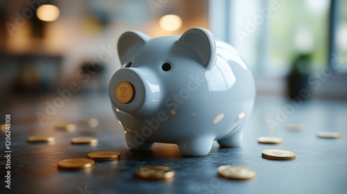 Piggy bank with bitcoin coin on a wooden table highlighting cryptocurrency sa...