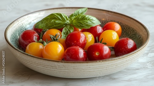 Fresh cherry tomatoes arranged on a white plate ready for culinary exploratio...