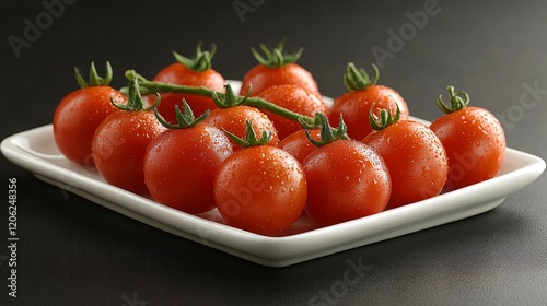 Fresh cherry tomatoes arranged on a white plate ready for culinary exploratio...