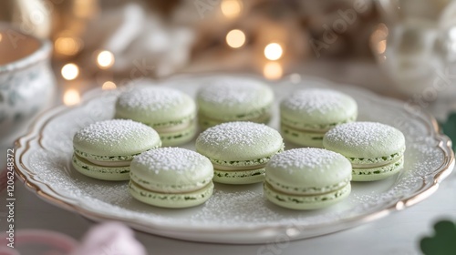 Green macarons arranged beautifully on a decorative plate for a festive celeb...