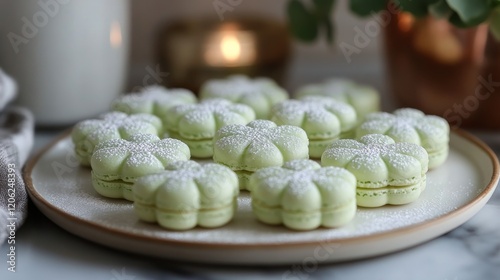 Green macarons arranged beautifully on a decorative plate for a festive celeb...