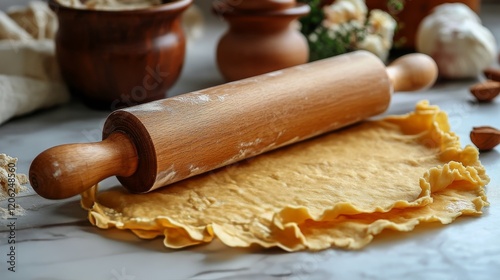 Freshly rolled pastry dough on a wooden surface with flour and ingredients ar...
