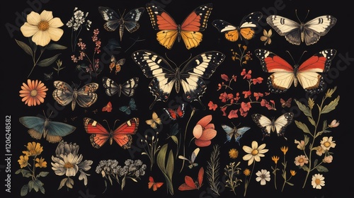 Hand-drawn butterfly illustration collection featuring vibrant spring flowers, detailed moth wings, and colorful flying insects – artistic and nature-inspired vector design