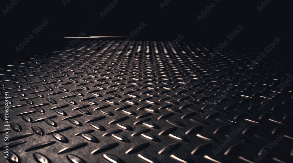 seamless metal floor plate with a diamond pattern on a black metal background, featuring contrasting chiaroscuro lighting, deep shadows seamless metal floor plate with a diamond pattern on a black metal background, featuring contrasting chiaroscuro lighting, deep shadows