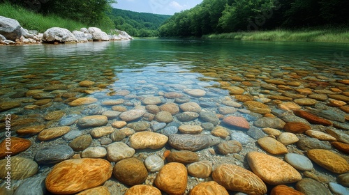Clear river water revealing colorful pebbles and a serene natural landscape n...