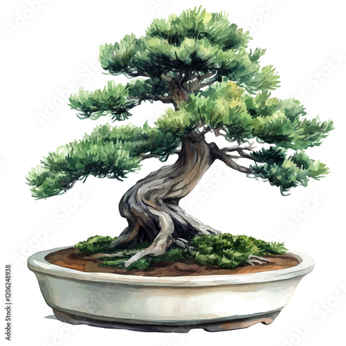 A watercolor of a western red cedar bonsai, isolated on a white background. Western red cedar bonsai vector.
