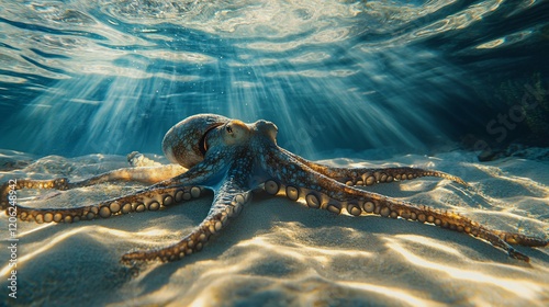 Octopus Exploring the Ocean Floor in Crystal Clear Sunlit Waters photo