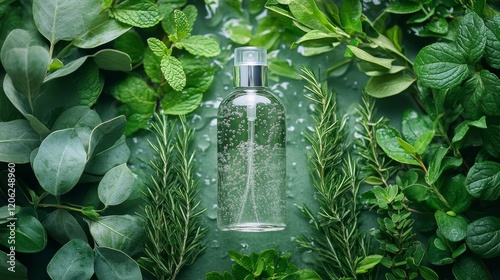 Natural herbal essence bottle surrounded by fresh greenery on a vibrant backg...