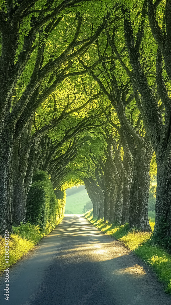 Fototapeta premium Road lined with tall trees that form a tunnel with their branches