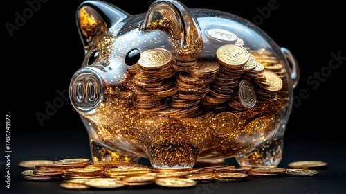 Beautiful glass piggy bank filled with shiny coins on a dark surface highligh...