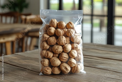 Freshly packed walnuts in clear plastic bag displayed on wooden table inside ...