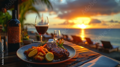 Fototapeta Naklejka Na Ścianę i Meble -  A gourmet meal with wine is perfectly set against a breathtaking beach sunset backdrop, inviting one to experience luxury, relaxation, and culinary pleasure.
