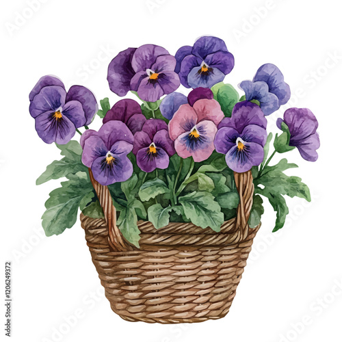 A watercolor vector of a viola bouquet in a basket, isolated on a white background. Viola bouquet in a basket vector.
