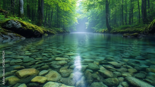 Sunlight reflects on the water near a stone in a tranquil forest stream durin...