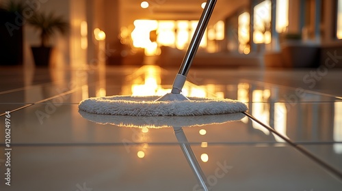 Cleaning tile floors during sunset in a spacious modern interior with reflect...
