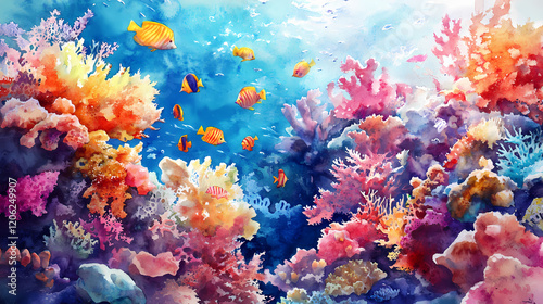 Fototapeta Naklejka Na Ścianę i Meble -  Watercolor painting of a vibrant coral reef teeming with colorful fish and exotic marine plants. Vibrant Reef. Illustration