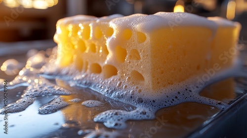 Sponge covered in soap bubbles resting on a metallic surface during bright da...