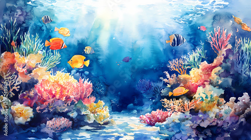 Fototapeta Naklejka Na Ścianę i Meble -  Watercolor painting of a vibrant coral reef teeming with colorful fish and exotic marine plants. Vibrant Reef. Illustration