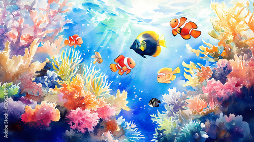 Fototapeta Naklejka Na Ścianę i Meble -  Watercolor painting of a vibrant coral reef teeming with colorful fish and exotic marine plants. Vibrant Reef. Illustration