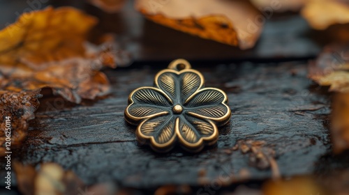 Detailed bronze flower pendant resting on autumn leaves on wooden surface sur...
