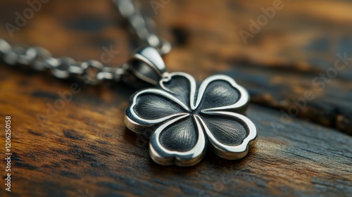 Detailed bronze flower pendant resting on autumn leaves on wooden surface sur...