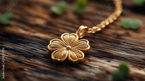 Detailed bronze flower pendant resting on autumn leaves on wooden surface sur...